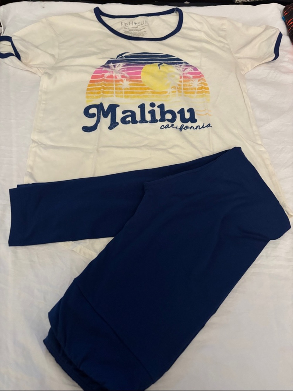 Malibu California Graphic Tee and Navy leggings Pants .